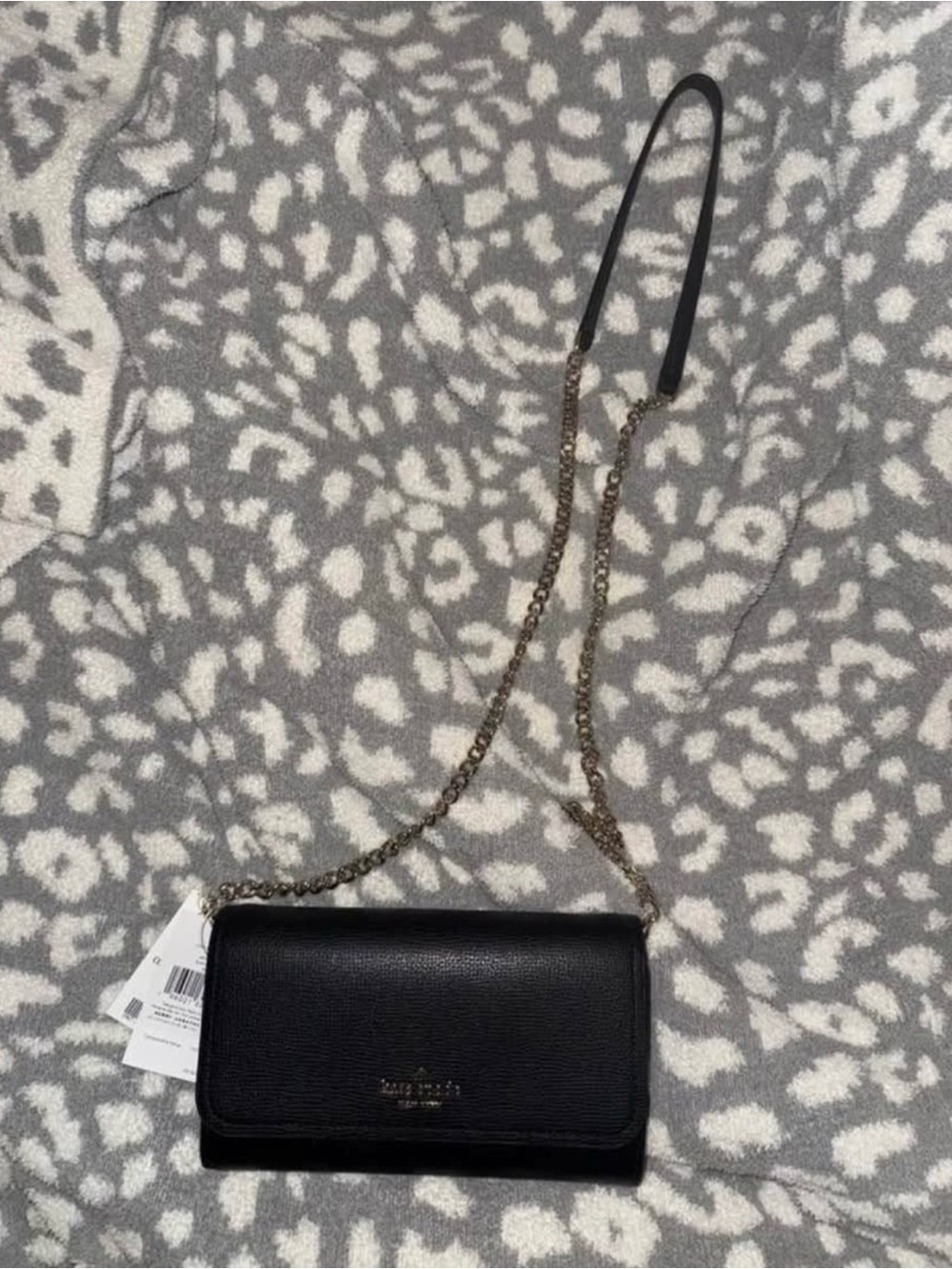 kate spade Black Pebbled Leather Crossbody Wallet with Gold Chain